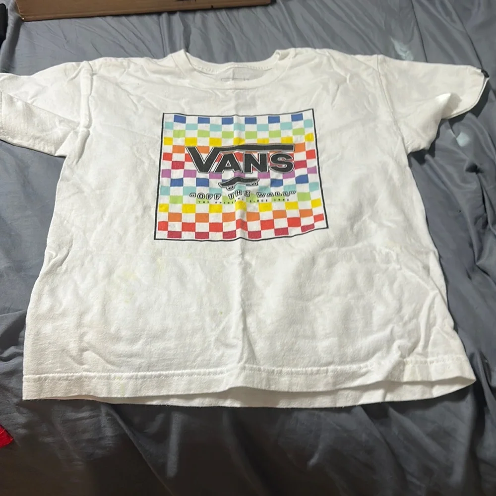 Preowned Vans white Tshirt with checkerboard pattern on front - Picture 1 of 5
